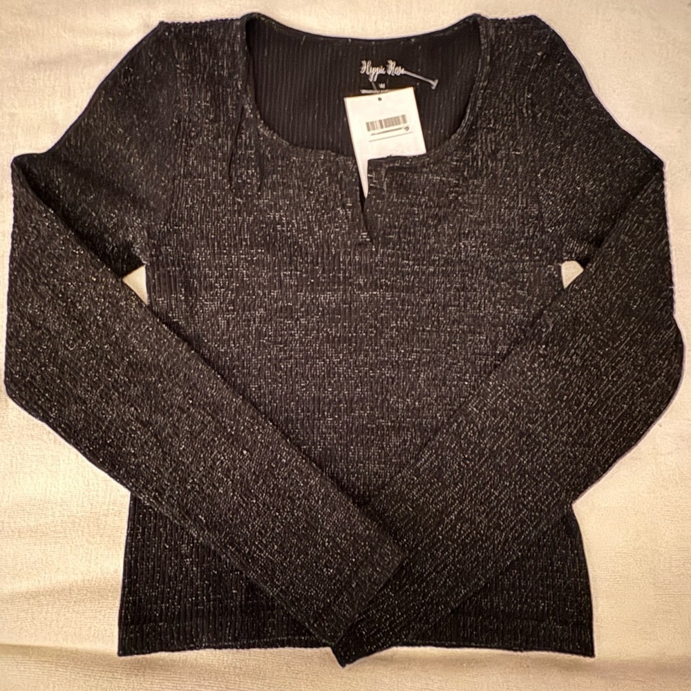 Hippie Rose Black Metallic Ribbed Long Sleeve Top M NWT